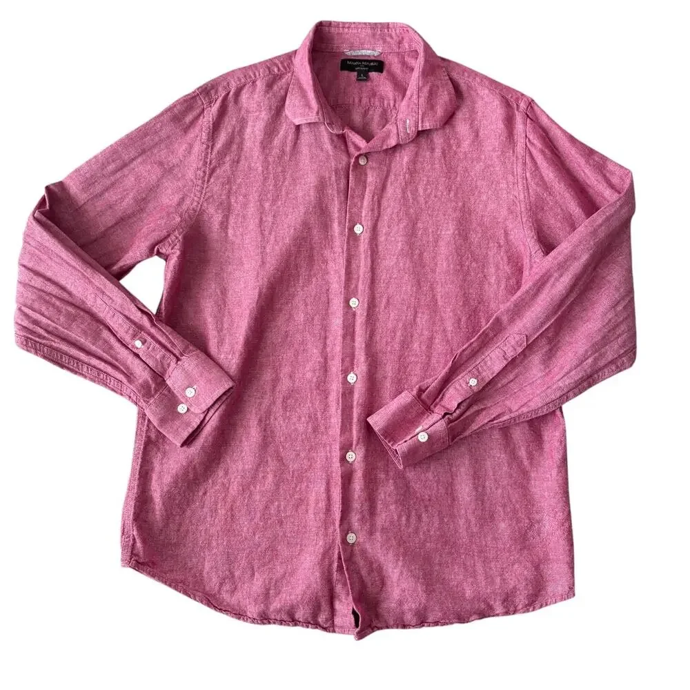 Banana Republic Linen Slim Fit Shirt L Pink Linen Blend Button Up Coastal Resort